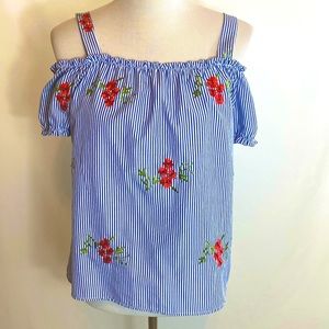 Chocolate Striped Cold Shoulder Embroidered Top